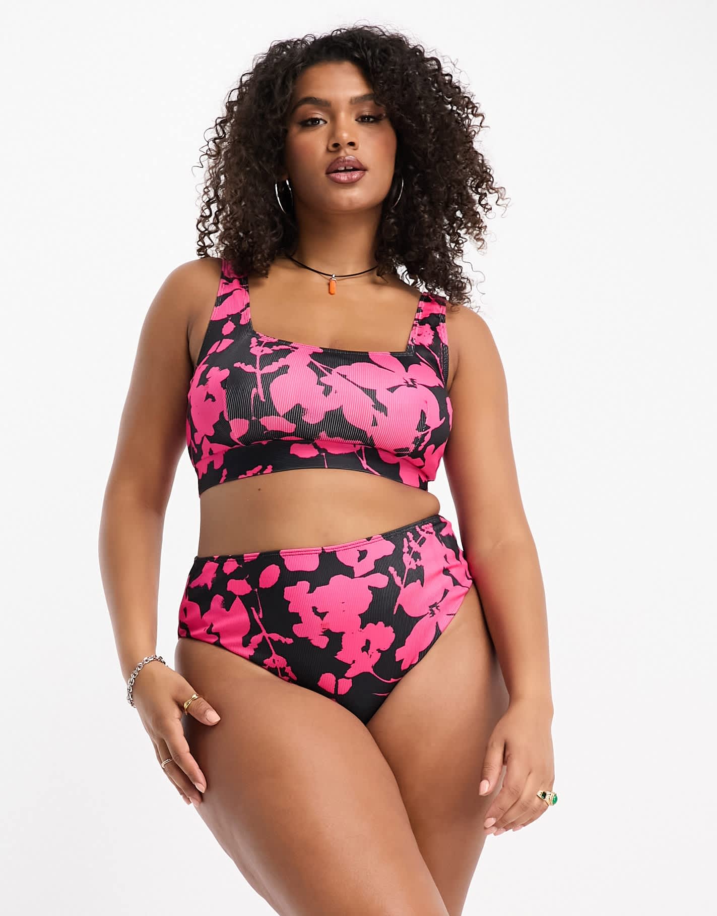 Reclaimed Vintage PLUS high waist bikini bottom in  pop pink floral print