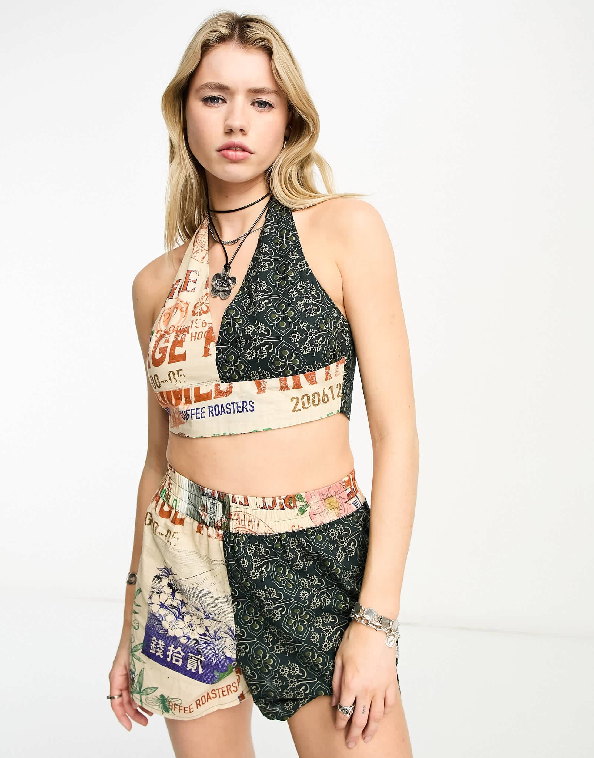 Reclaimed Vintage co-ord halterneck top in postcard print