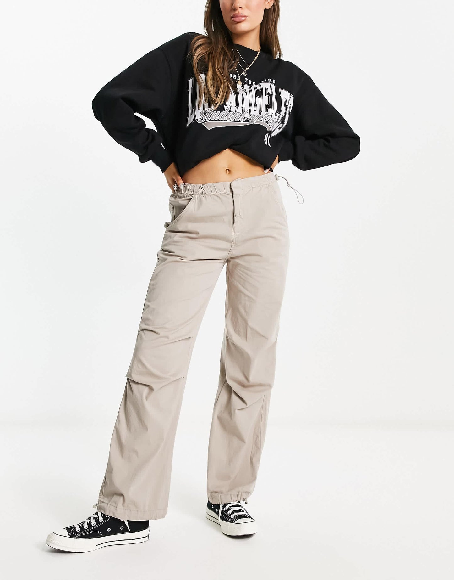 Pull&Bear slim leg parachute pants in stone