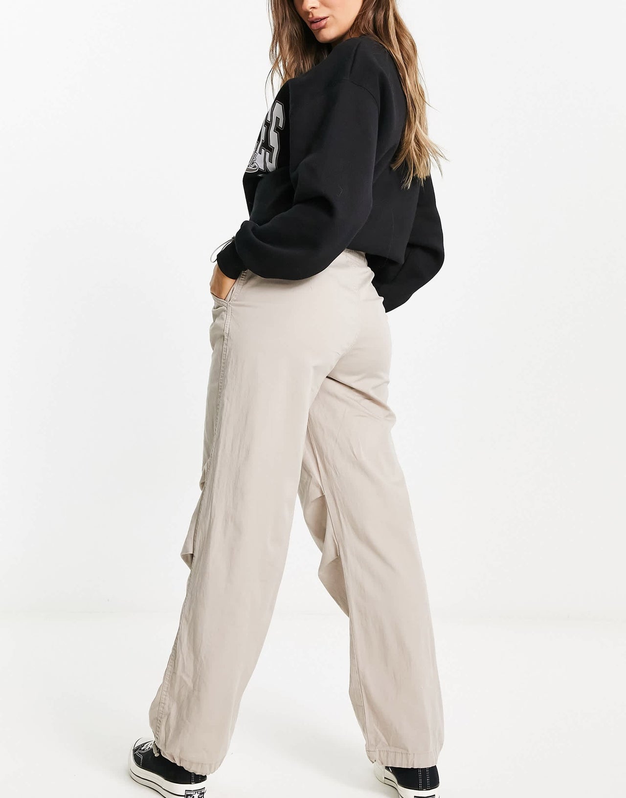 Pull&Bear slim leg parachute pants in stone