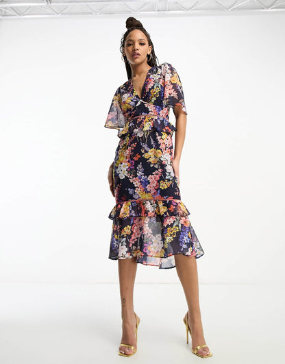 Hope & Ivy contrast lace ruffle midi dress in navy bright floral