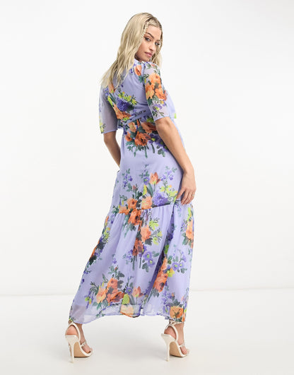 Hope & Ivy Maternity flutter sleeve wrap midaxi dress in lilac floral