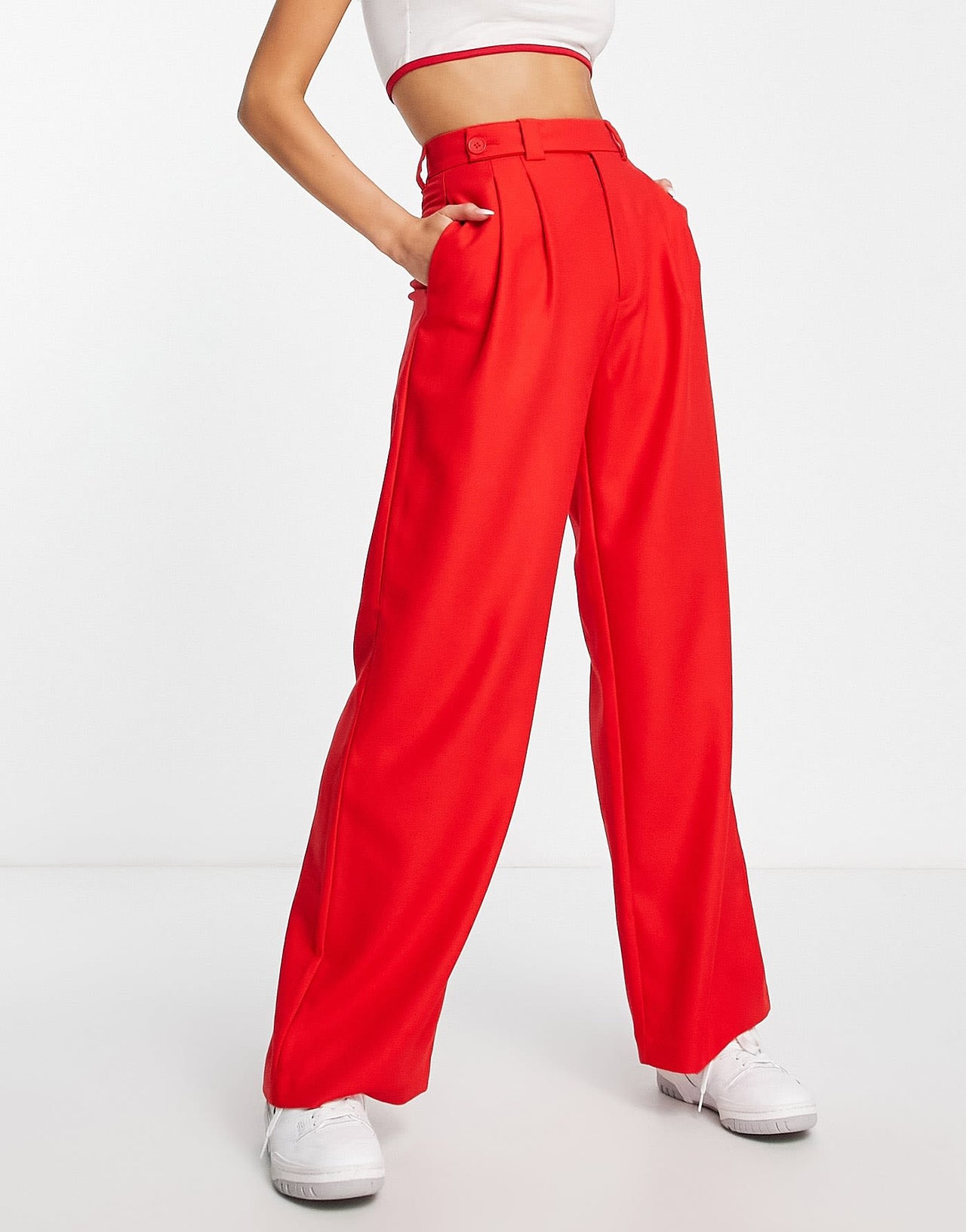Stradivarius tailored dad trouser with button detail in red