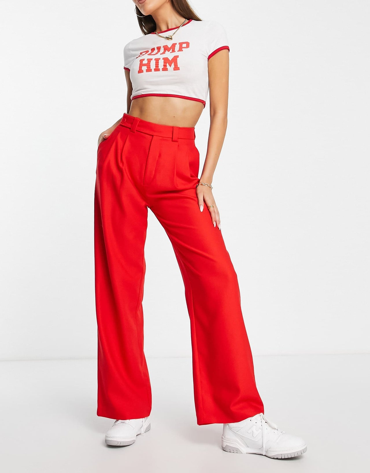 Stradivarius tailored dad trouser with button detail in red