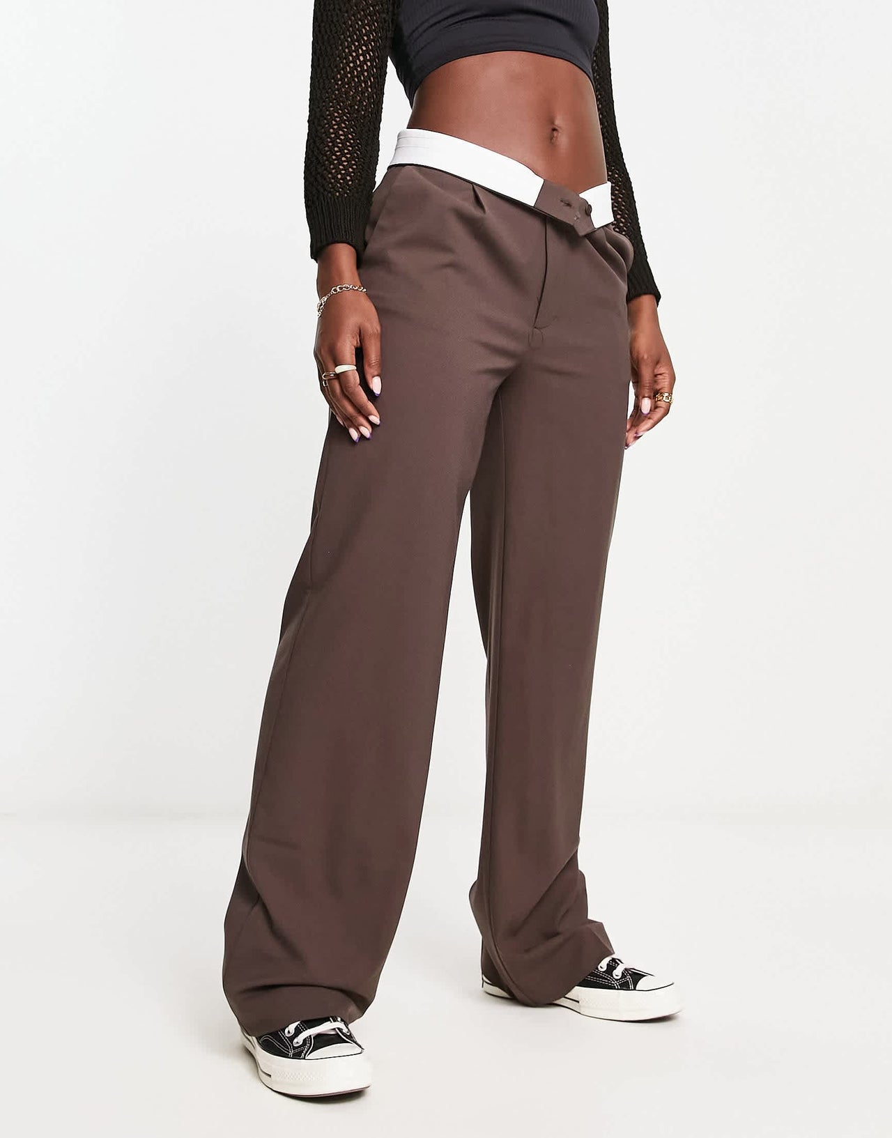 Stradivarius STR reversed waistband utility trouser in brown