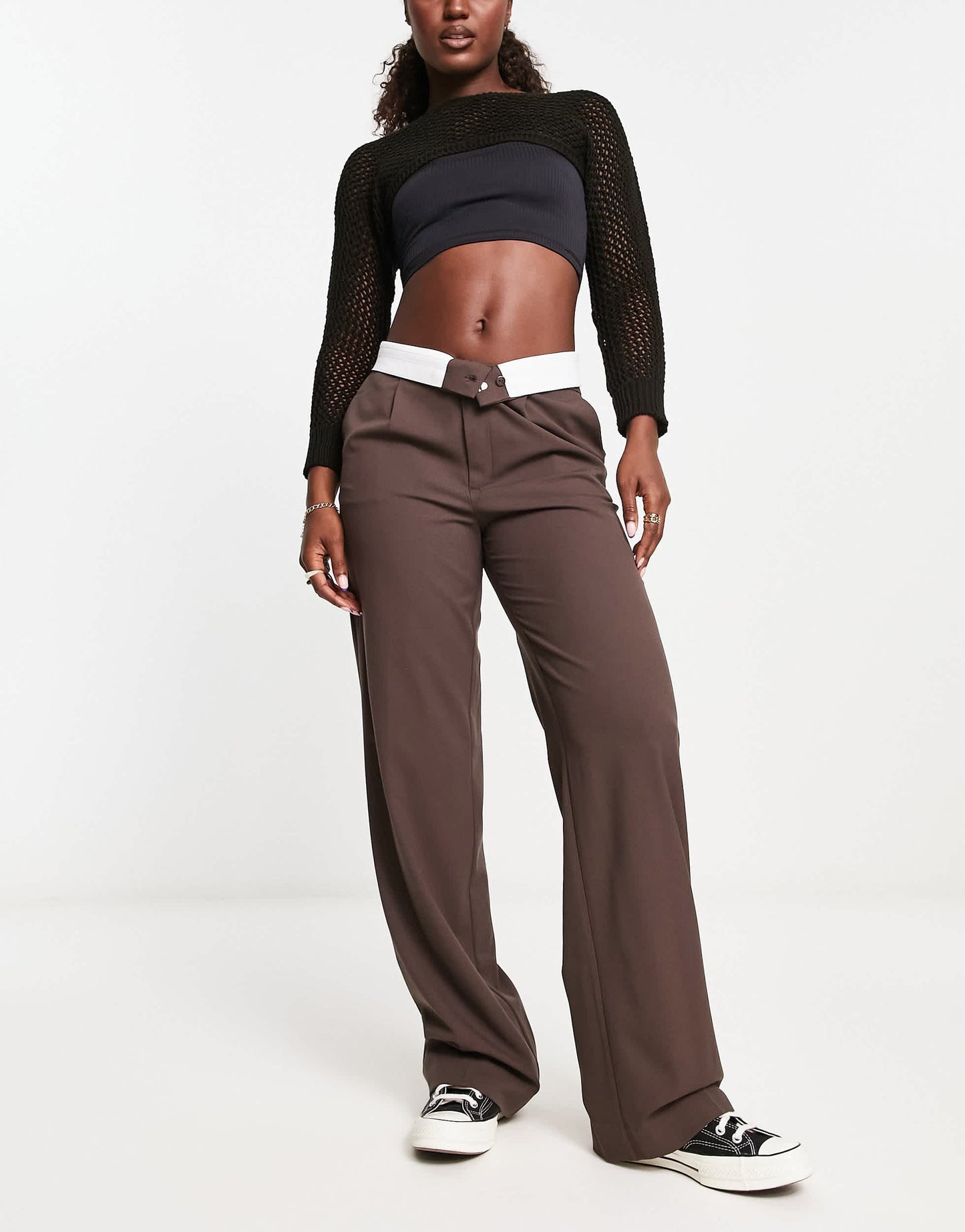 Stradivarius STR reversed waistband utility trouser in brown