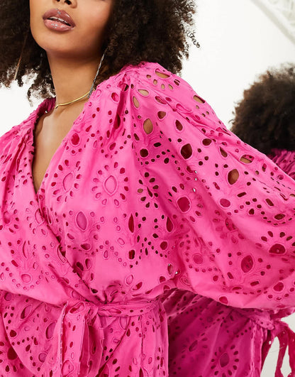 ASOS EDITION broderie wrap belted mini dress in bright pink