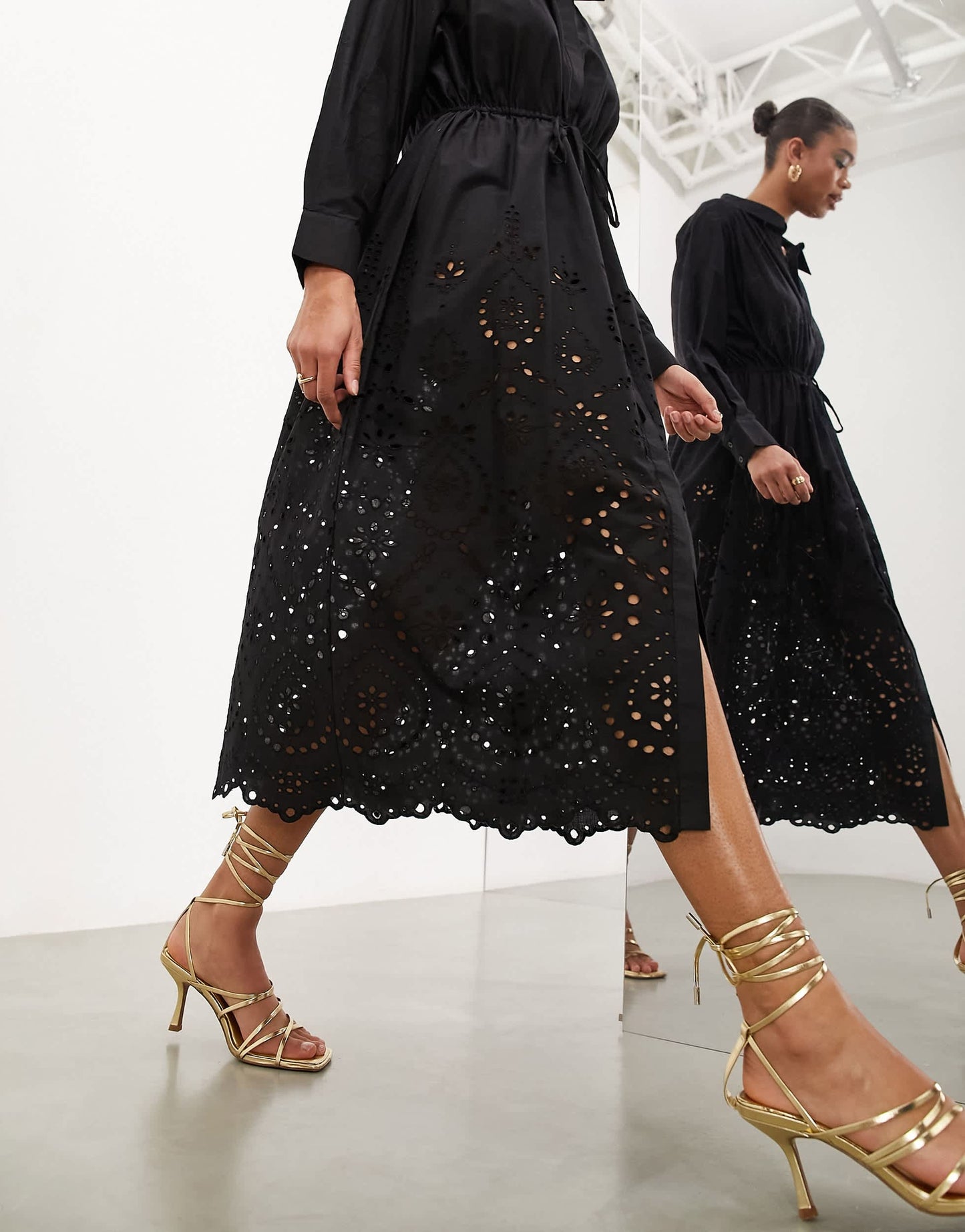 ASOS EDITION drawstring shirt midi dress with broderie hem in black