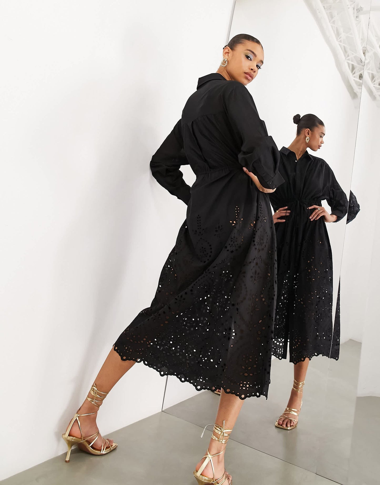 ASOS EDITION drawstring shirt midi dress with broderie hem in black