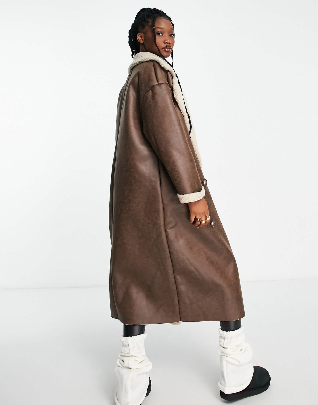 Stradivarius STR maxi faux leather aviator coat with contrast borg lining in brown