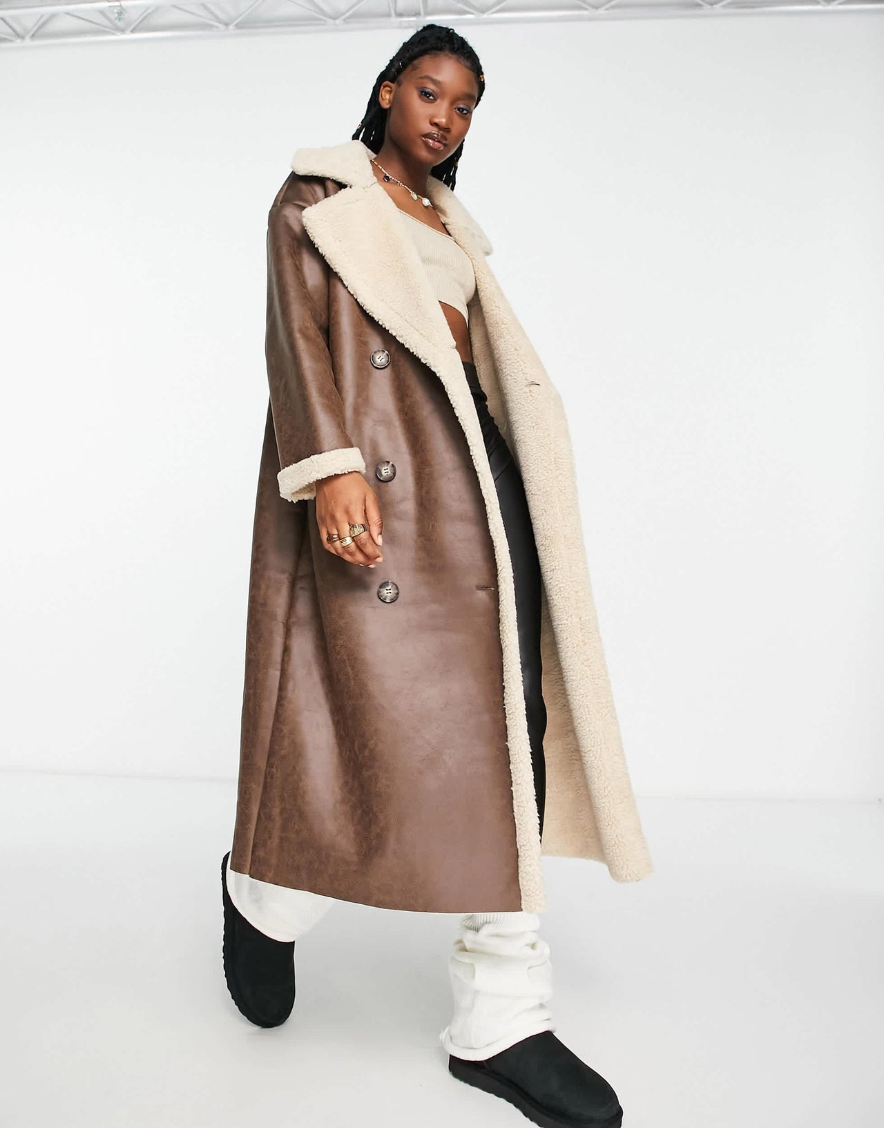 Stradivarius STR maxi faux leather aviator coat with contrast borg lining in brown