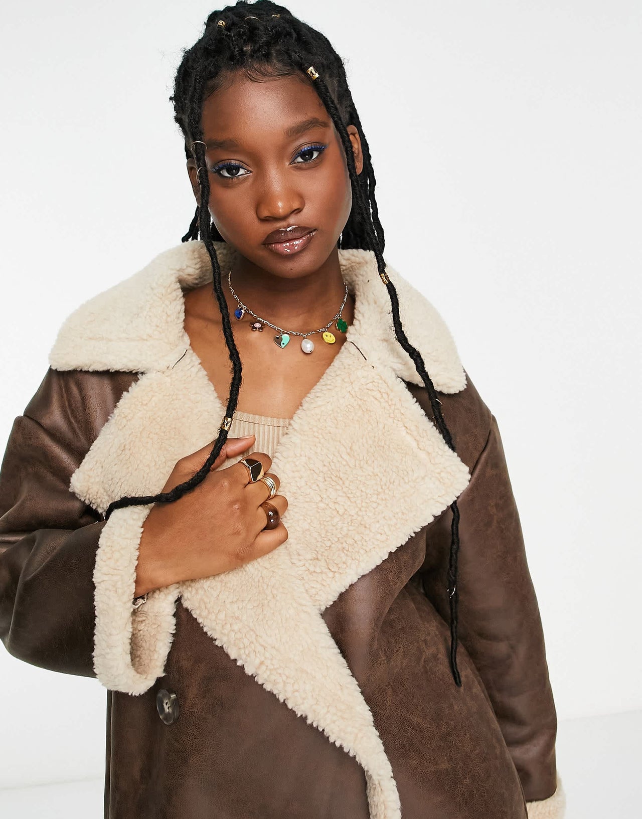 Stradivarius STR maxi faux leather aviator coat with contrast borg lining in brown