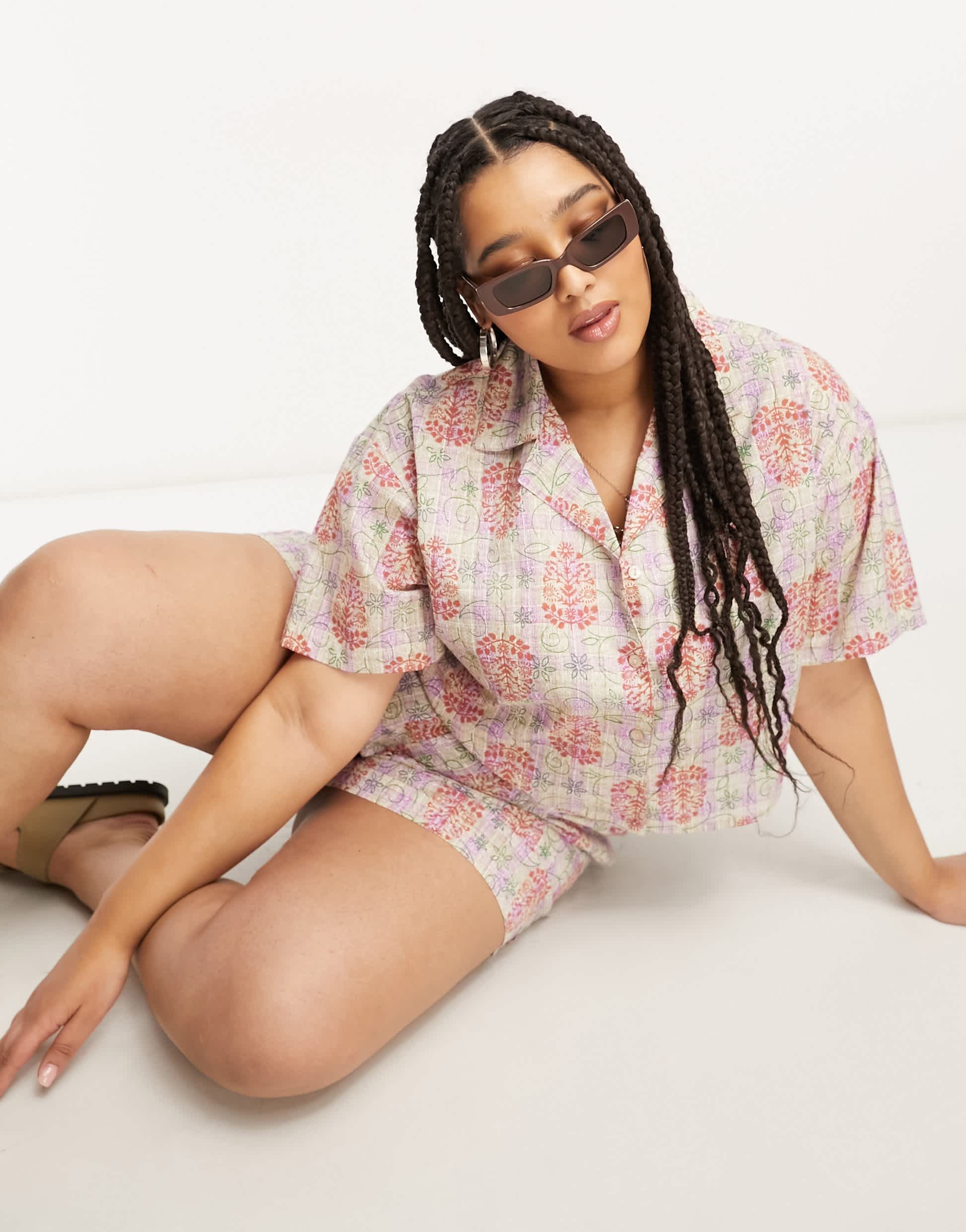 Reclaimed Vintage plus crop shirt in check floral print co ord