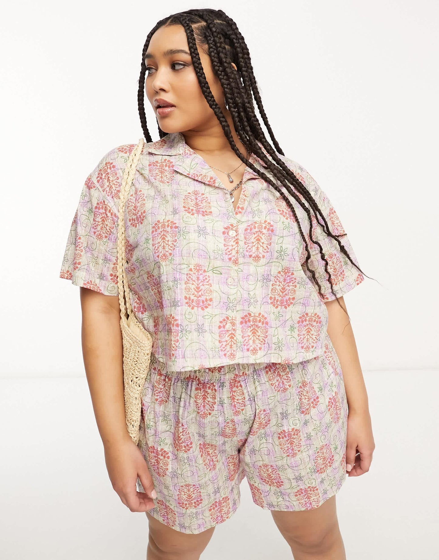 Reclaimed Vintage plus crop shirt in check floral print co ord