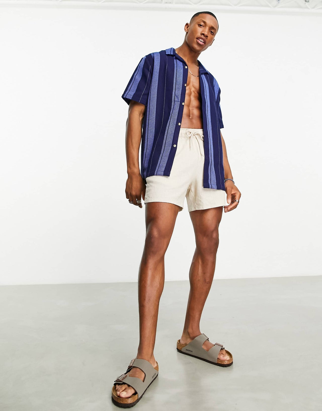 ASOS DESIGN relaxed revere textured stripe shirt in navy