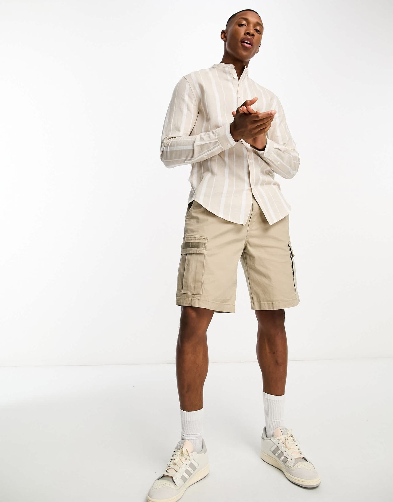 ASOS DESIGN deep grandad collar linen mix shirt in beige stripe