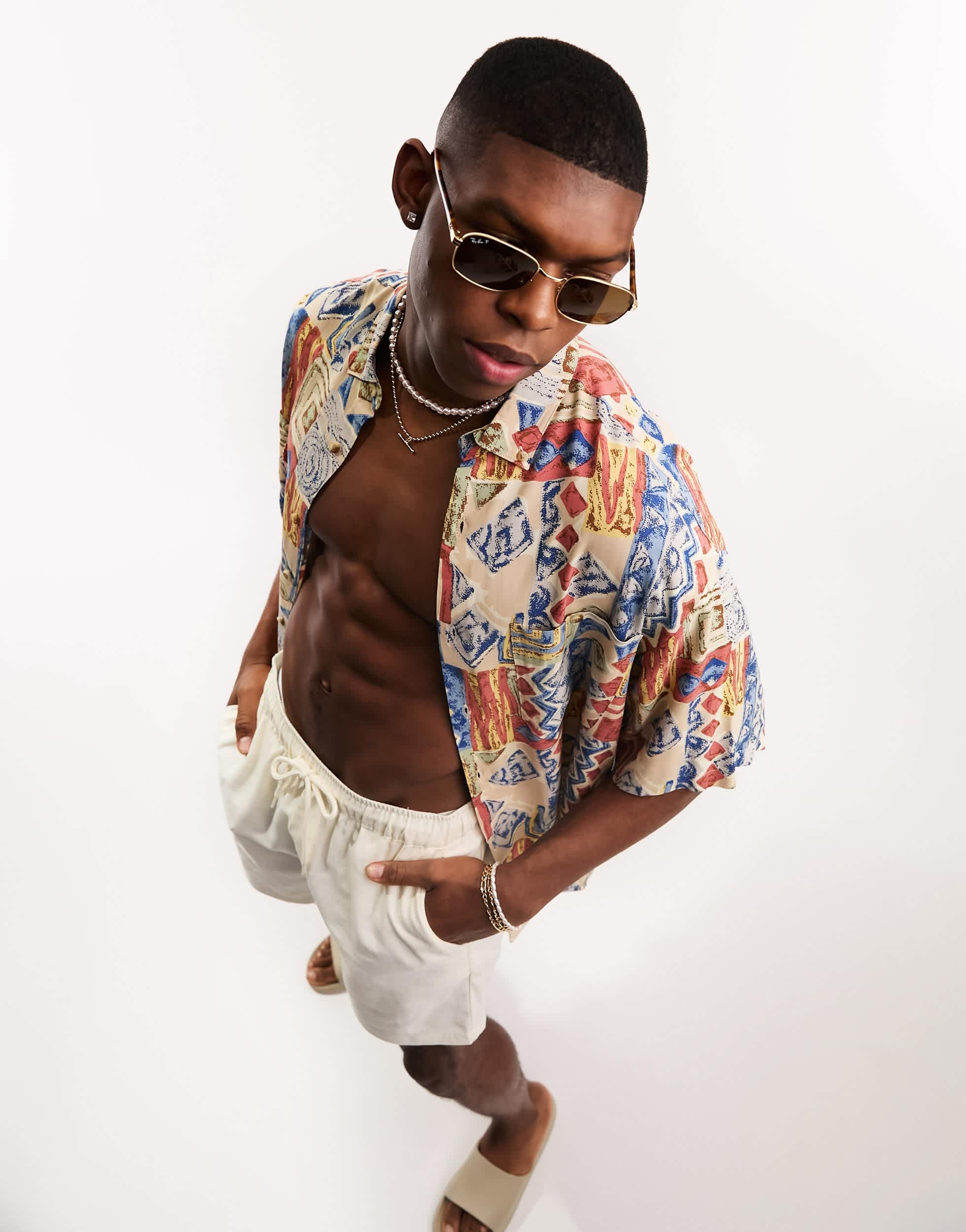 ASOS DESIGN boxy oversized long shirt in vintage inspired abstract print