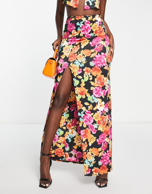 AFRM Miso co-ord ruched side split maxi skirt in floral