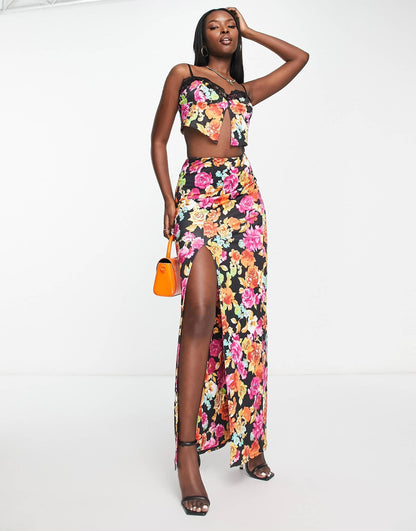AFRM Miso co-ord ruched side split maxi skirt in floral