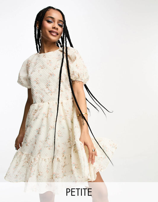 Glamorous Petite off white puff sleeve mini dress with tie back in floral