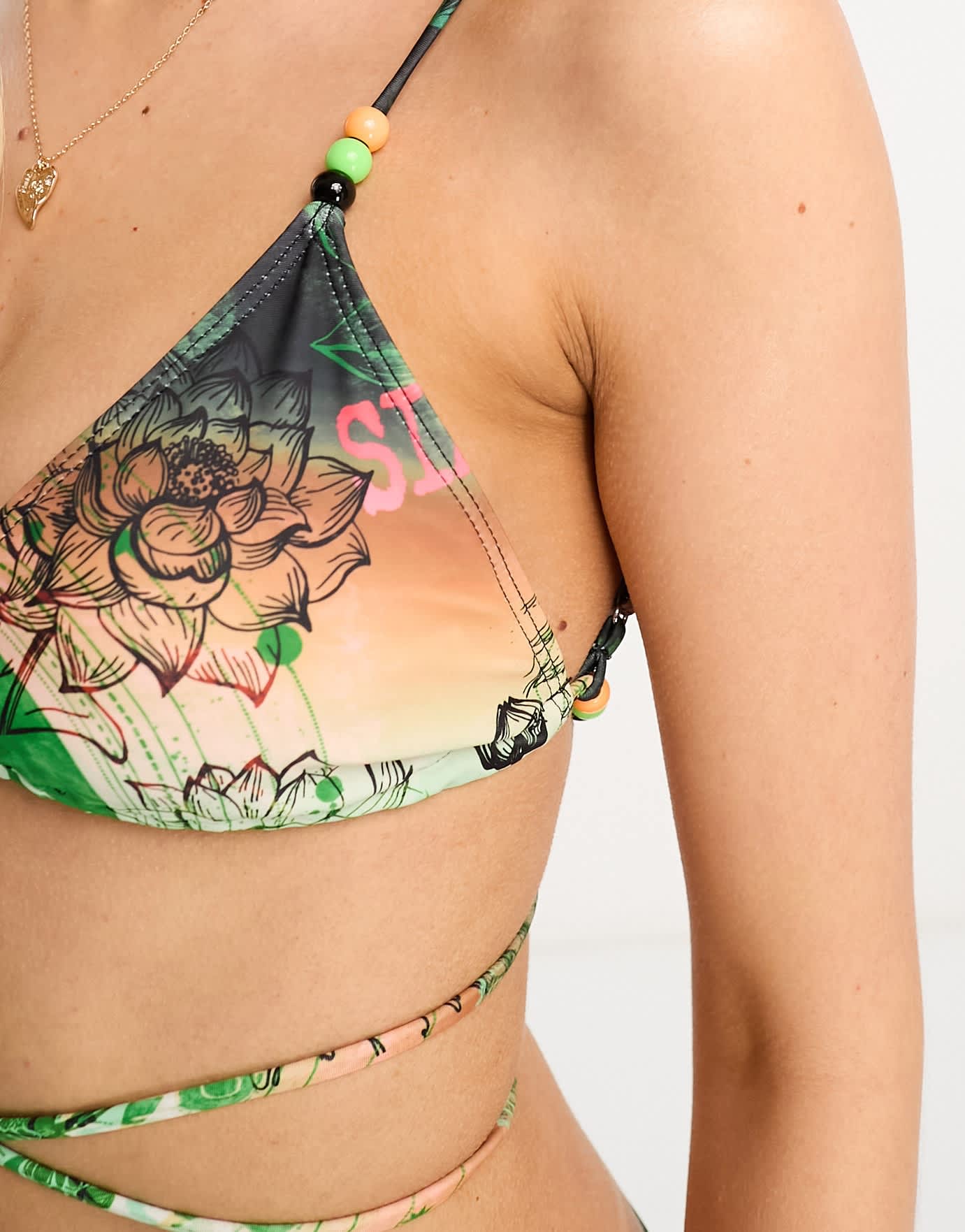 Reclaimed Vintage triangle bikini top in y2k ombre tattoo print with beads