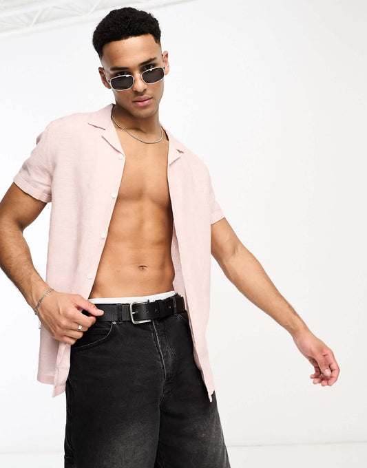 ASOS DESIGN regular linen revere shirt with roll sleeves in pink