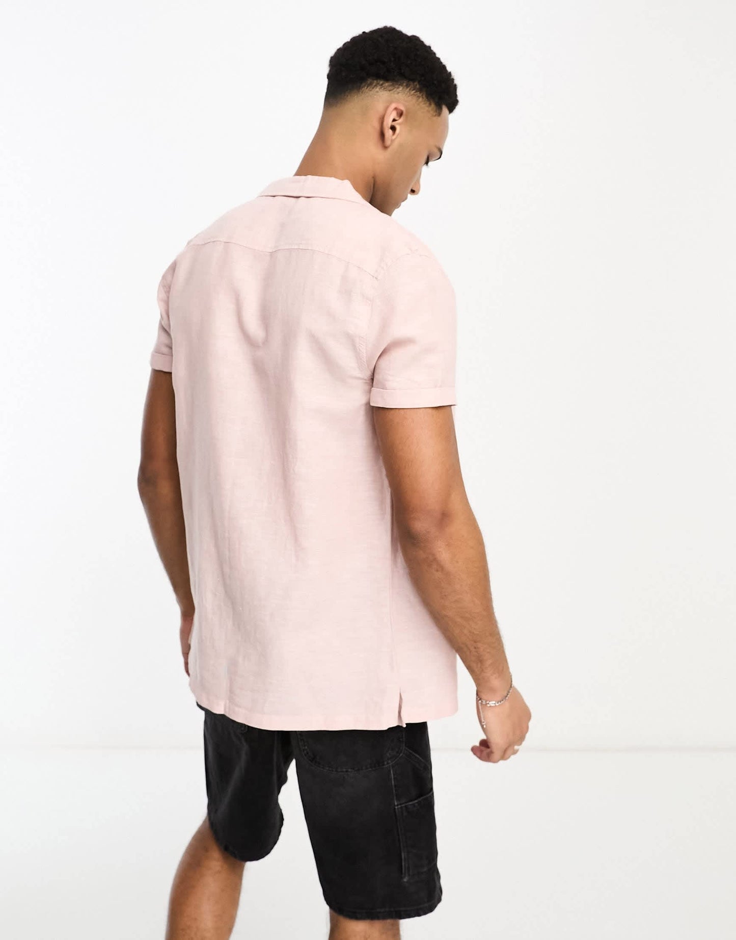 ASOS DESIGN regular linen revere shirt with roll sleeves in pink