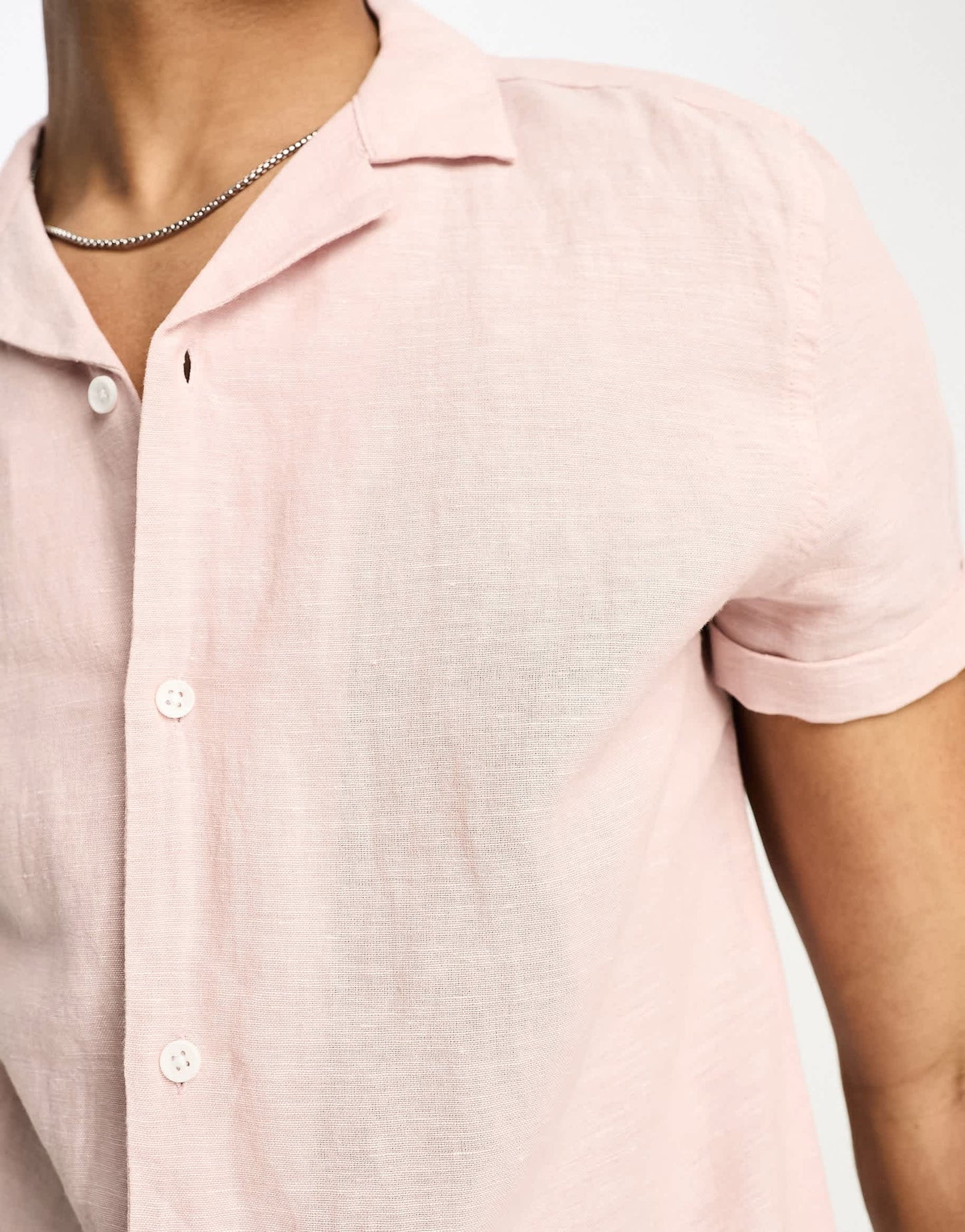 ASOS DESIGN regular linen revere shirt with roll sleeves in pink