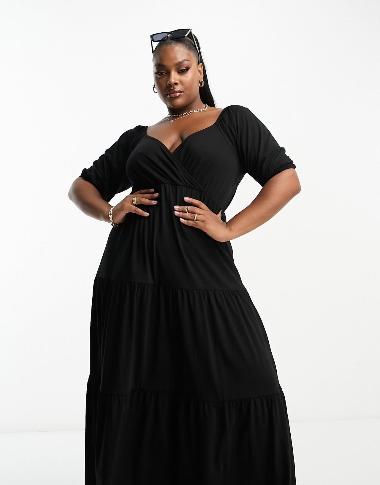 ASOS DESIGN Curve short sleeve wrap tiered midi dress in black