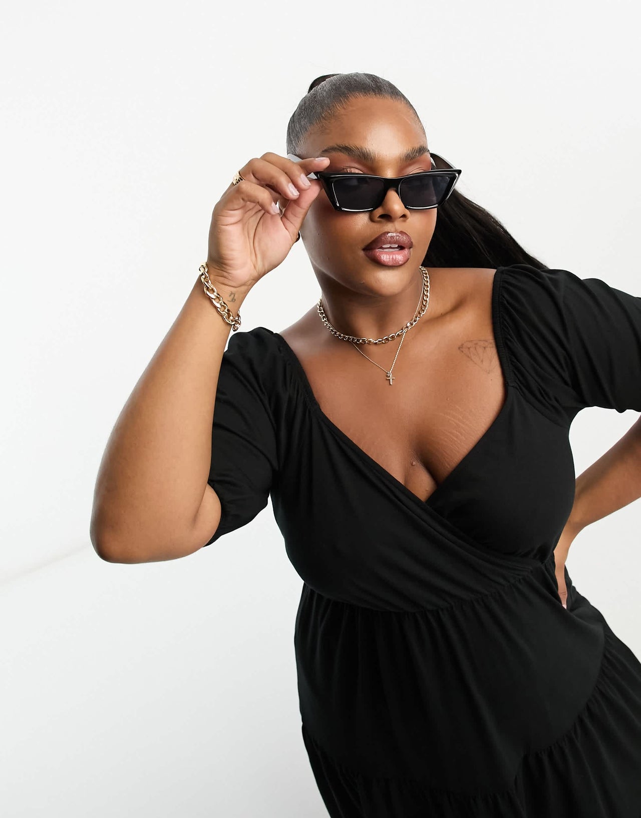 ASOS DESIGN Curve short sleeve wrap tiered midi dress in black