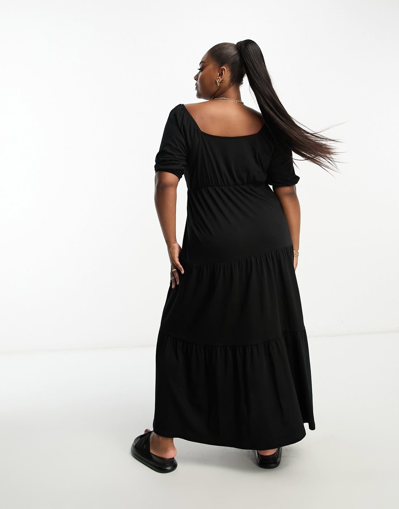 ASOS DESIGN Curve short sleeve wrap tiered midi dress in black