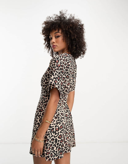 ASOS DESIGN flutter sleeve mini tea dress with buttons in leopard print