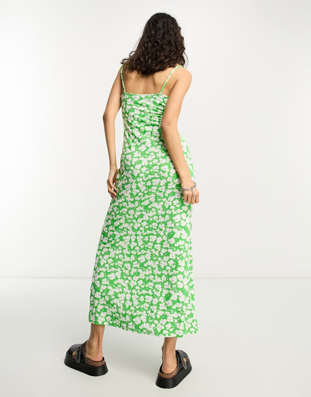 ASOS DESIGN strappy ruched bust midi dress in green and white floral