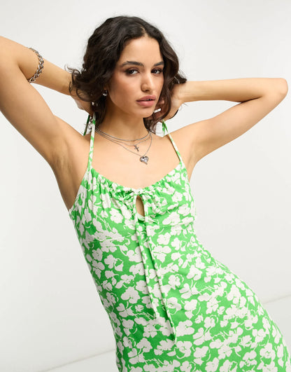 ASOS DESIGN strappy ruched bust midi dress in green and white floral