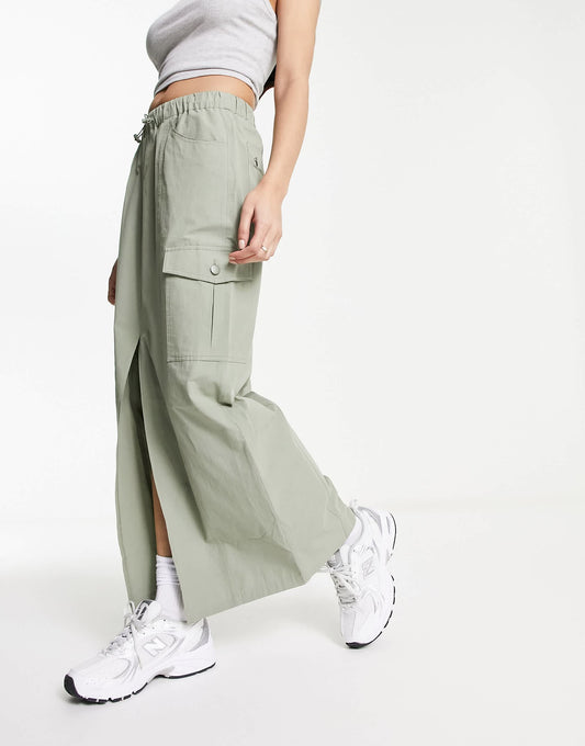 Miss Selfridge cargo pocket maxi skirt in khaki