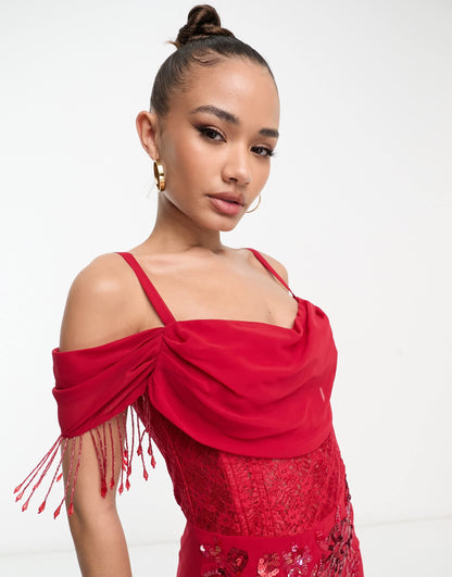Starlet bardot maxi dress with thigh split in red floral lace with bead fringe