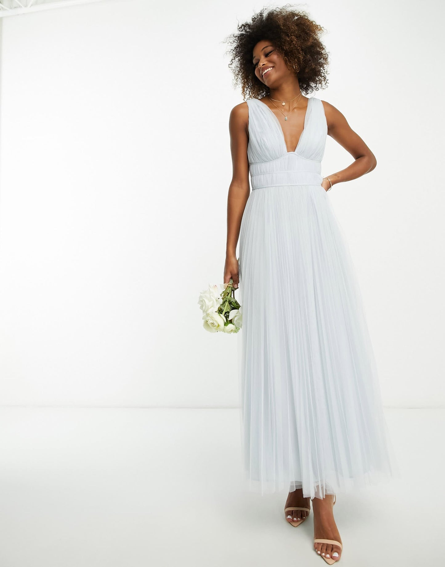ASOS DESIGN Bridesmaid ruched bodice midaxi dress with tiered skirt in blue