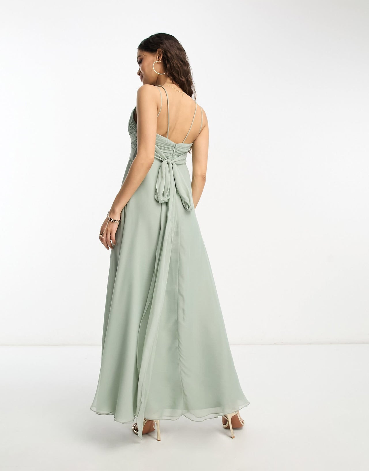 ASOS DESIGN petite bridesmaid cami maxi dress with ruched bodice and tie waist in olive