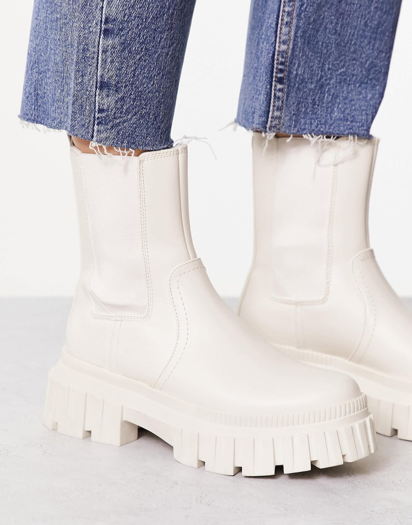 Stradivarius chunky biker boot in ecru