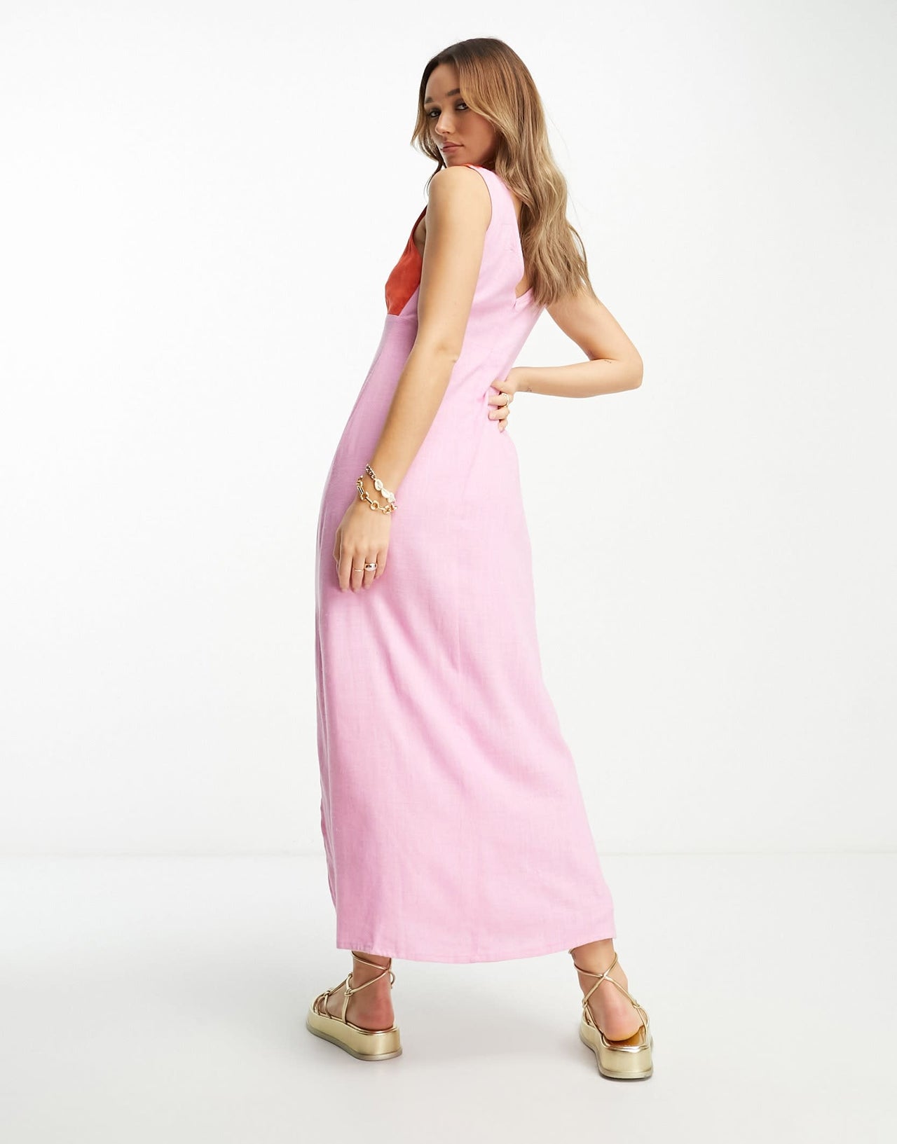 ASOS DESIGN linen v neck maxi slip sundress in pink and red colourblock