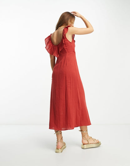 ASOS DESIGN ruffle detail midi wrap sundress in rust