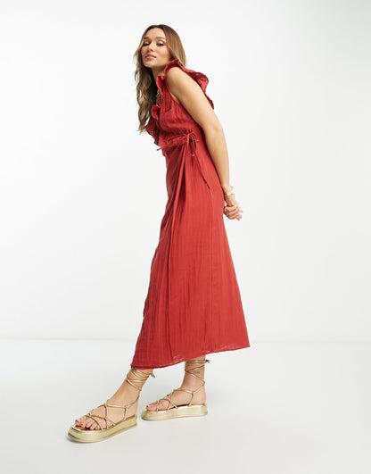 ASOS DESIGN ruffle detail midi wrap sundress in rust
