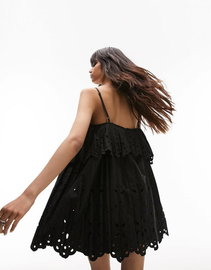 Topshop strappy pleated broderie mini dress in black