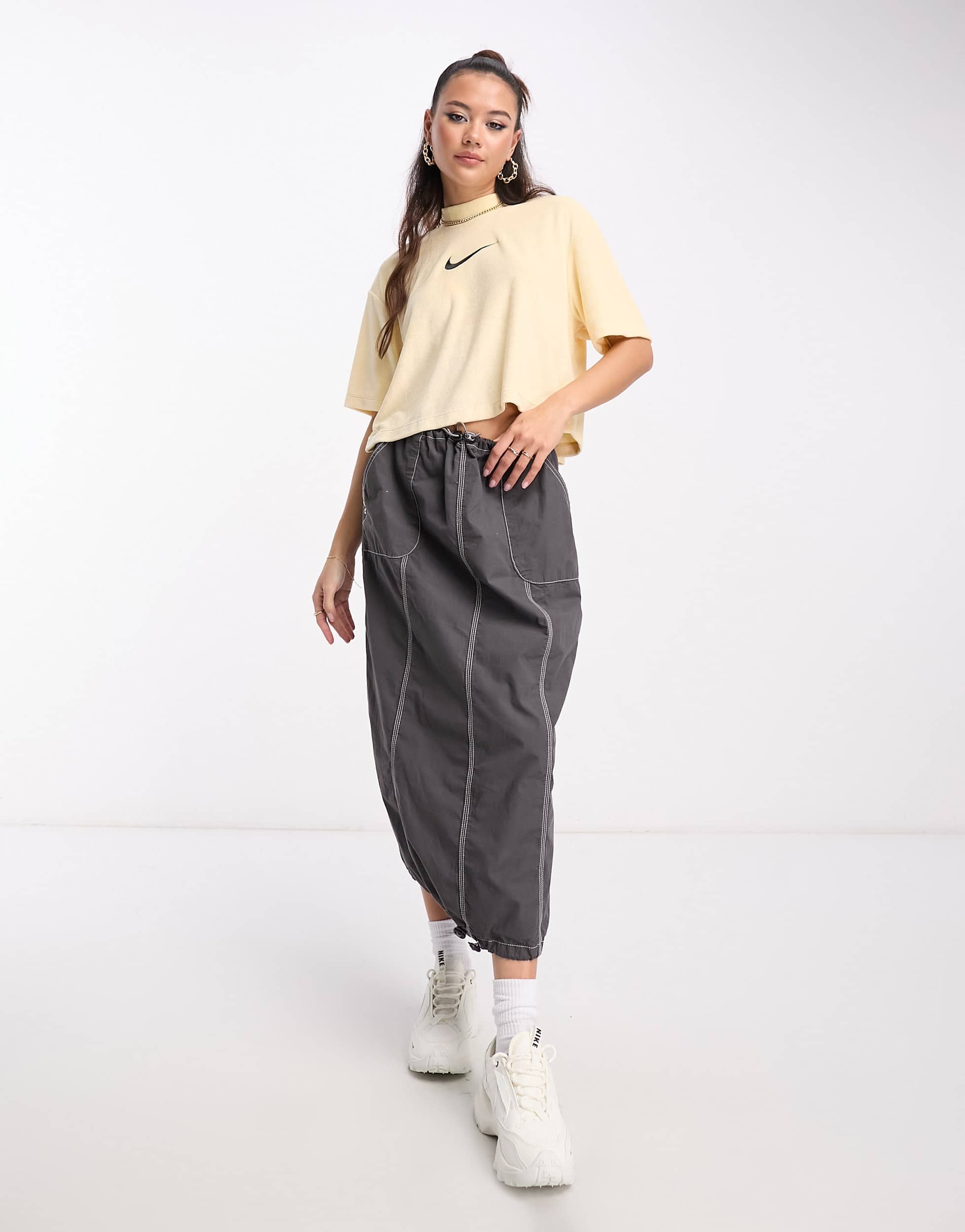 Nike midi swoosh mock terry crop t-shirt in pale vanilla