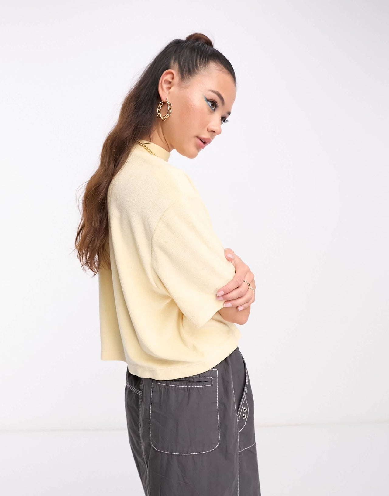 Nike midi swoosh mock terry crop t-shirt in pale vanilla