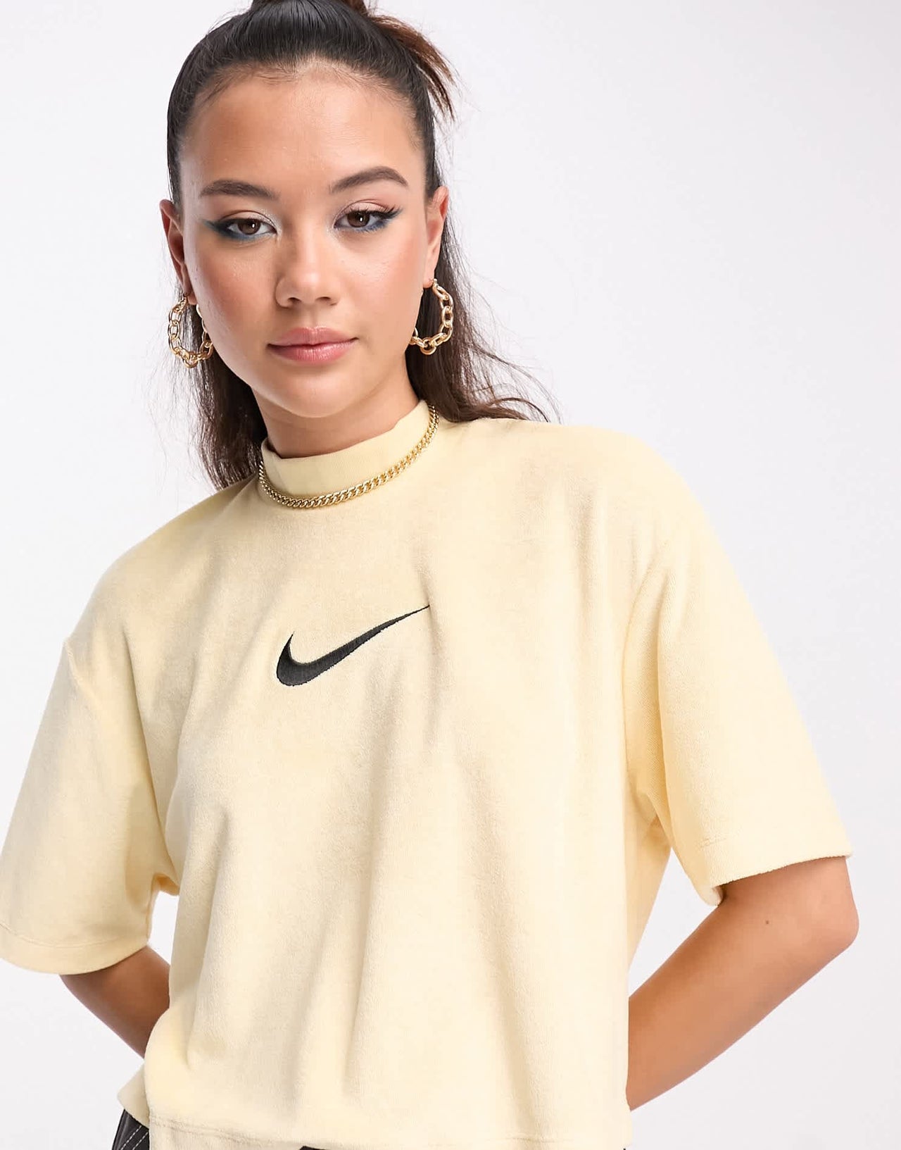 Nike midi swoosh mock terry crop t-shirt in pale vanilla