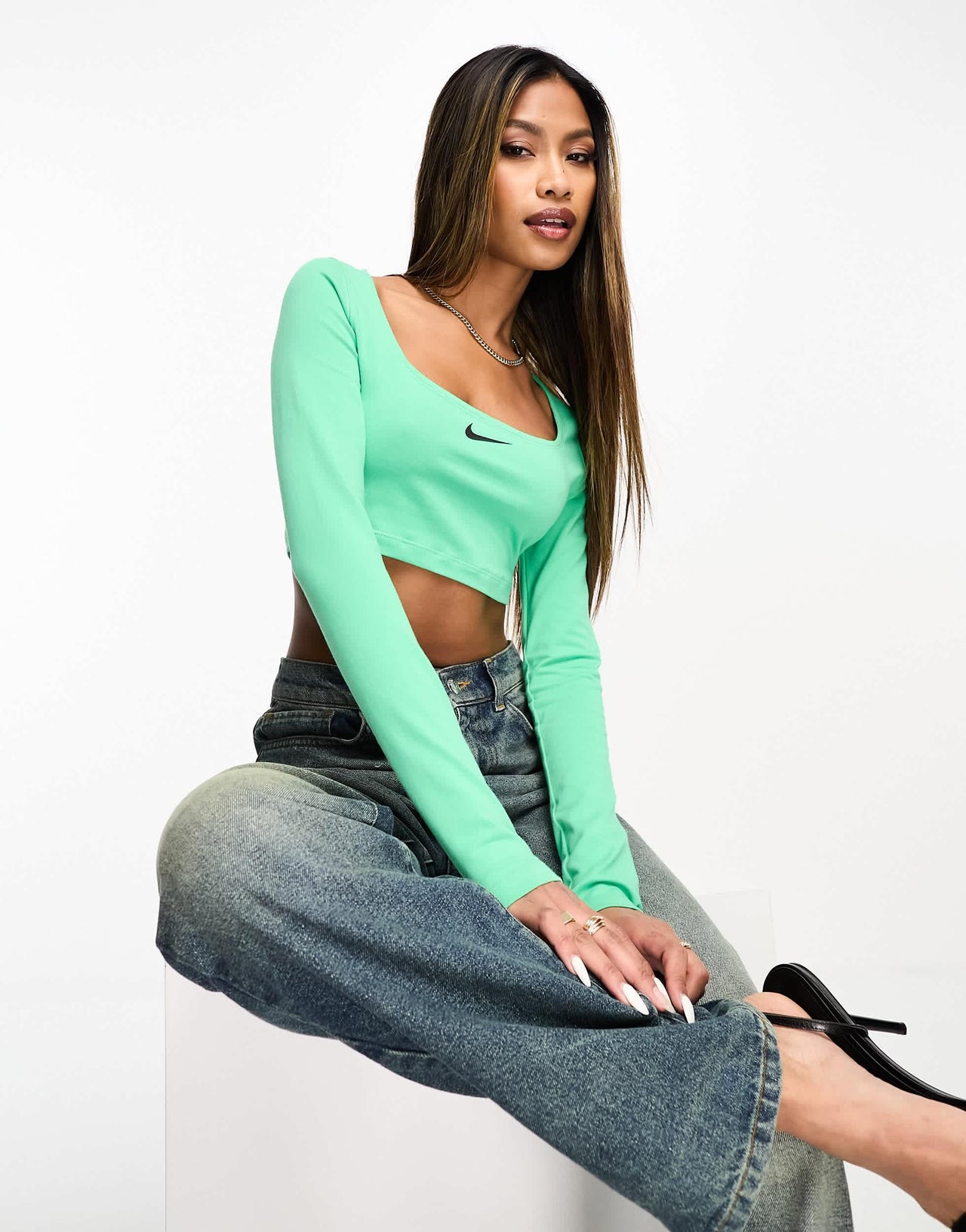 Nike Dance mini swoosh long sleeve crop top in spring green