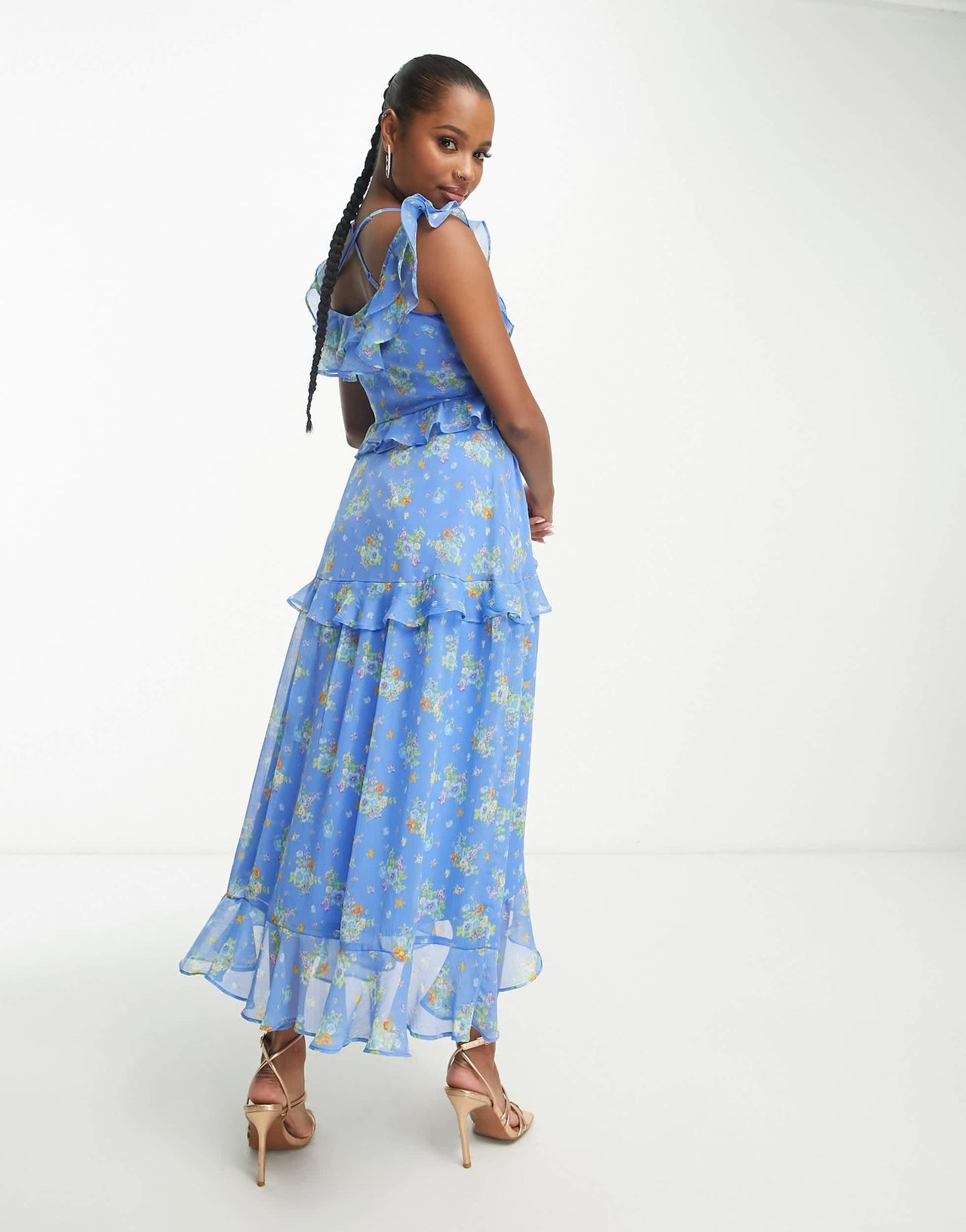 ASOS DESIGN Petite chiffon v neck frill midi tea dress with button through in ditsy floral