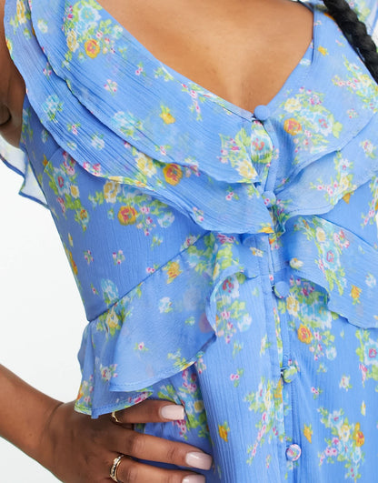 ASOS DESIGN Petite chiffon v neck frill midi tea dress with button through in ditsy floral