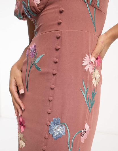 Maya puff sleeve embroidered maxi dress in caramel and pink